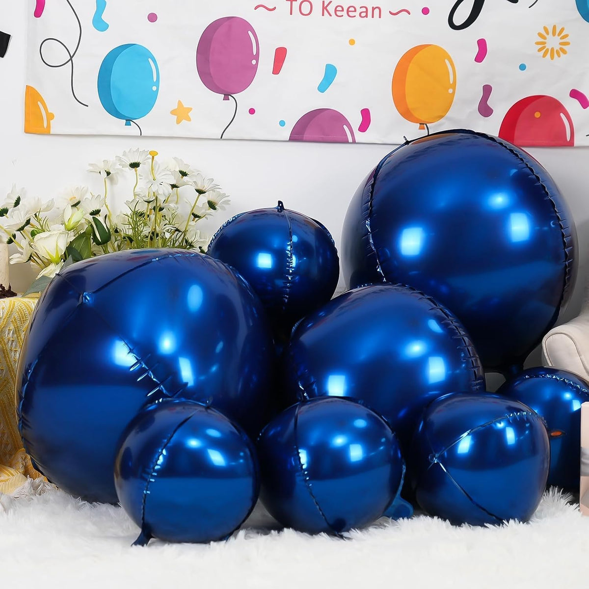 12Pcs Navy Blue Round Foil Balloons, 22" 15" 10" 4D Helium Ball Balloon, Metallic Blue Foil Balloon
