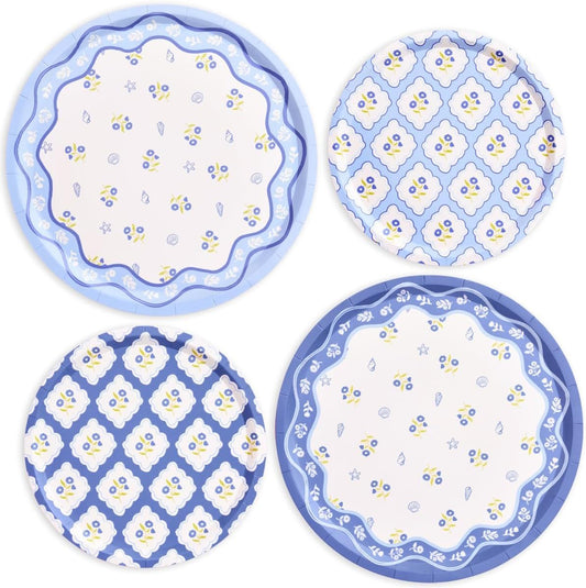 xo, Fetti Blue Coastal Paper Plates | 32 pcs, 2 sizes | Nautical Bachelorette Decorations, Seaside