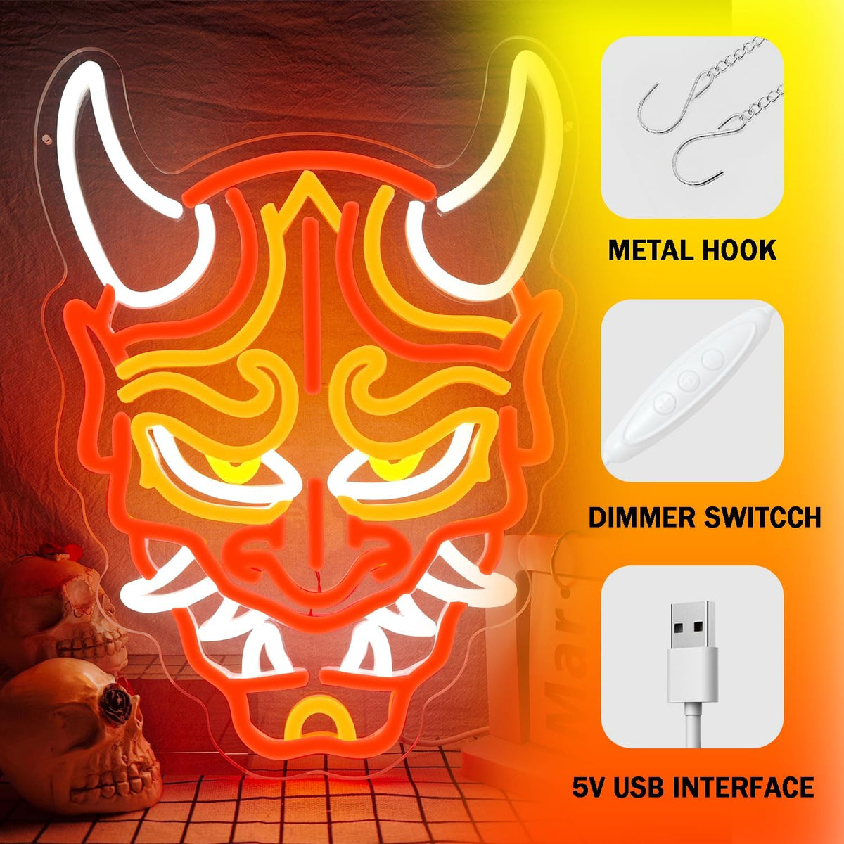 Prajna Mask Neon Signs Hannya Mask Neon Sign Led Neon Signs for Wall Decor Tattoo Neon Sign for