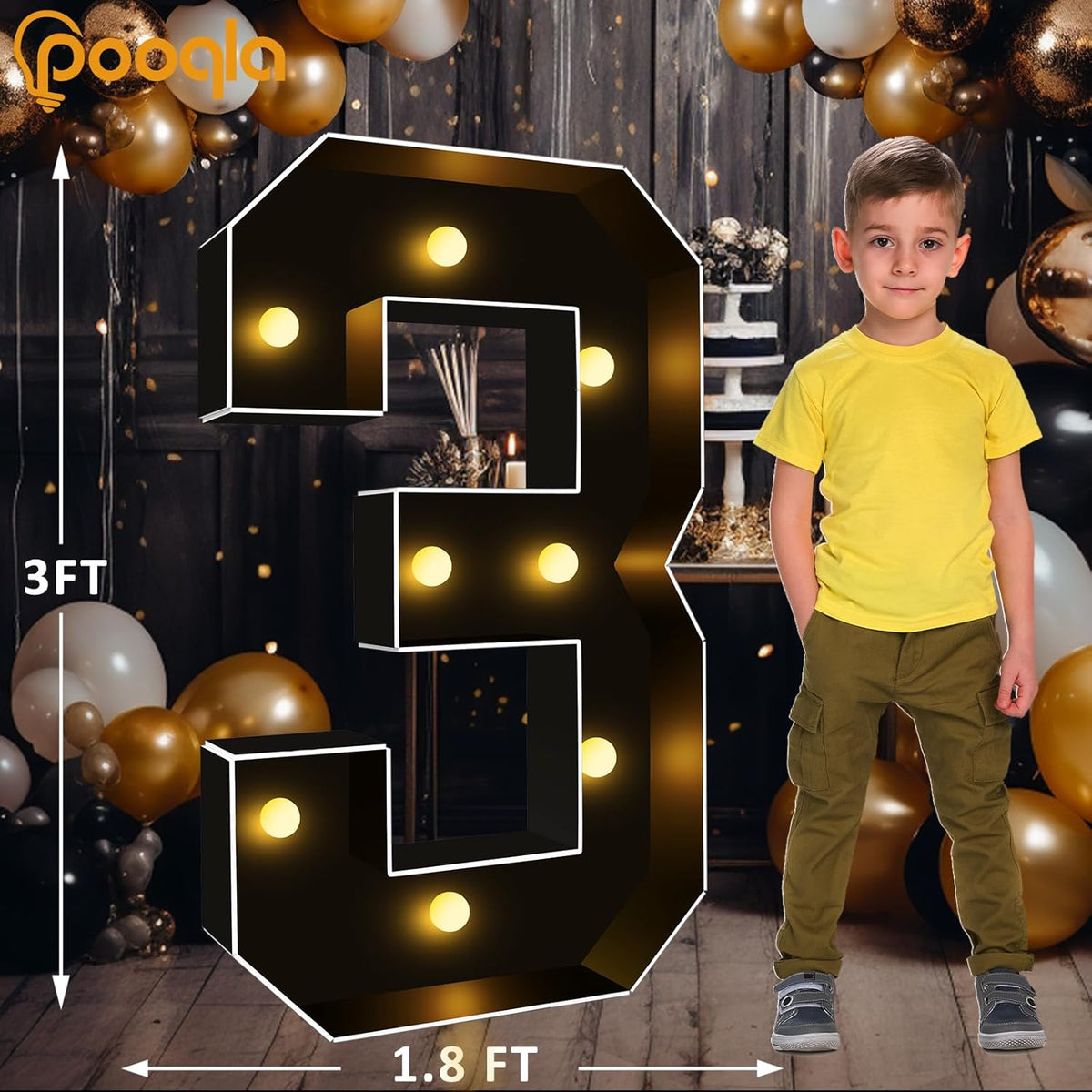 Pooqla 3FT Marquee Light Up Numbers, Black Lighted Party Decor for her him Women Men, Giant Mosaic