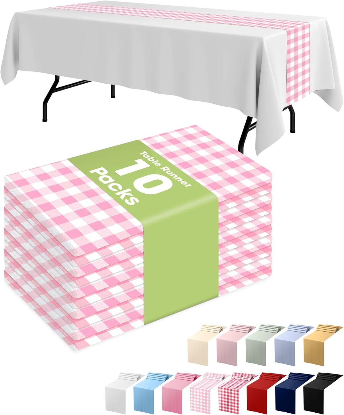 Pureegg Gingham Plastic Table Runners - 10 Pack, 14'' x 108'', Water Resistant & Disposable Plaid