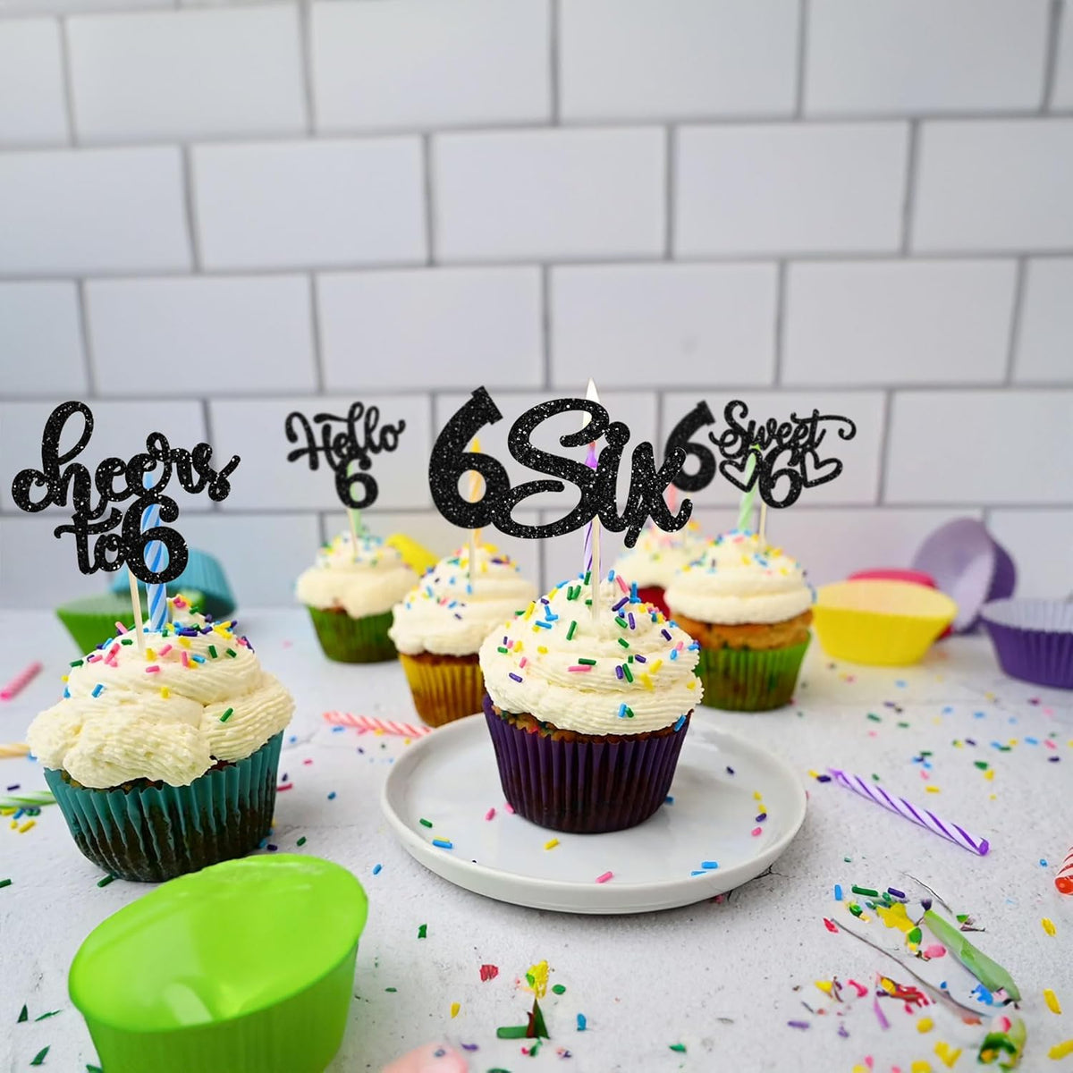 30Pcs 6th Birthday Cupcake Toppers Glitter Six Hello 6 Cupcake Picks Cheers to 6 Years Old Cake