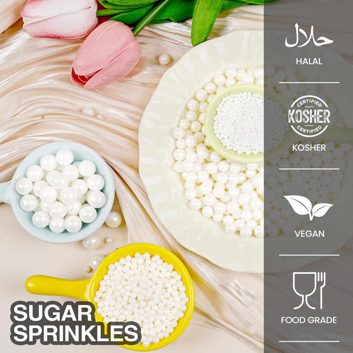 White Edible Sugar Pearl Sprinkles for Cake Decorating, Candy Pearls Sprinkles for Cupcake, Cookie