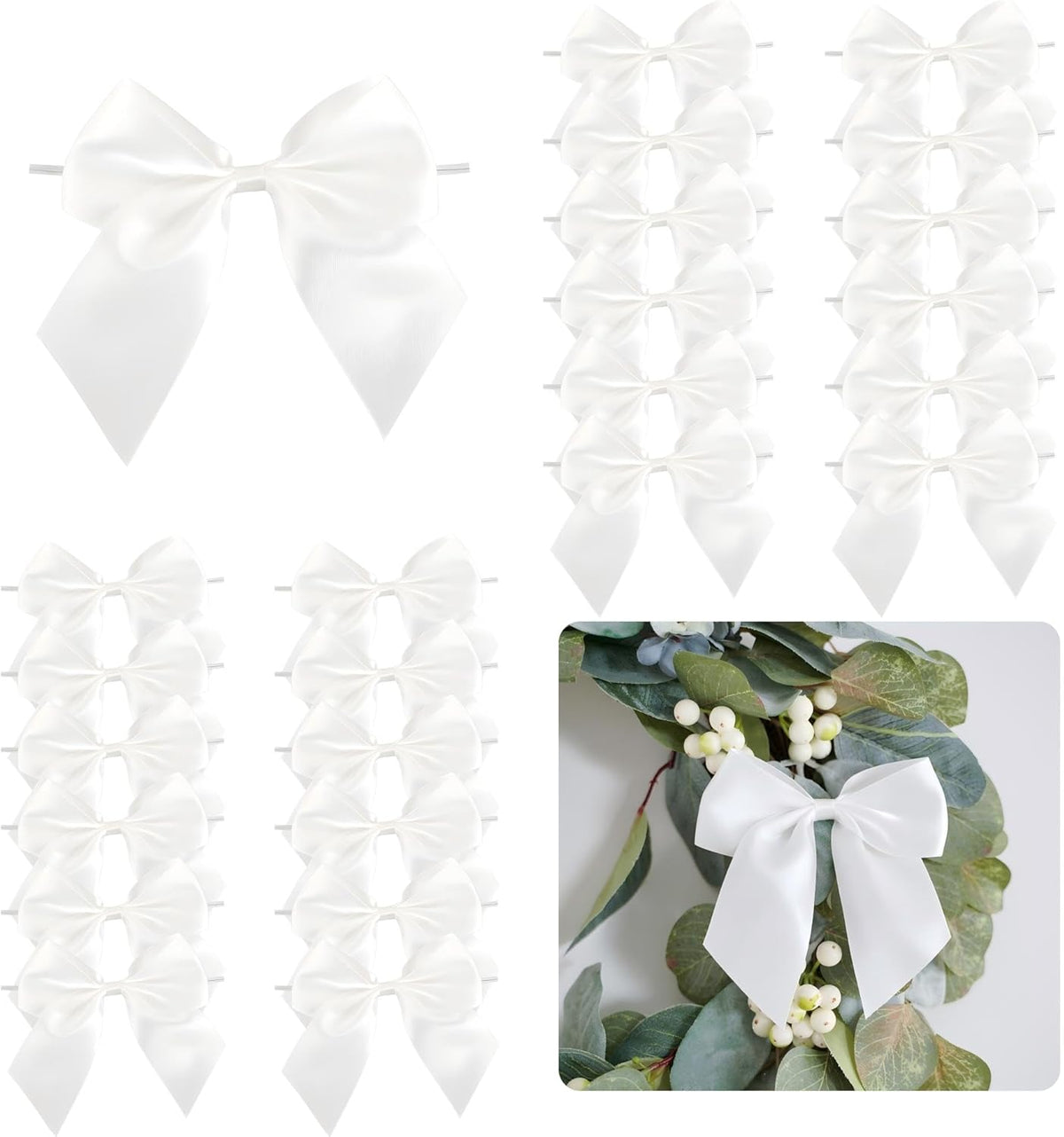 5'' White Bow Party Decorations Satin Bows, Twist Tie Bows for Treat Bags, Cake Pops, Pre-Tied Bow