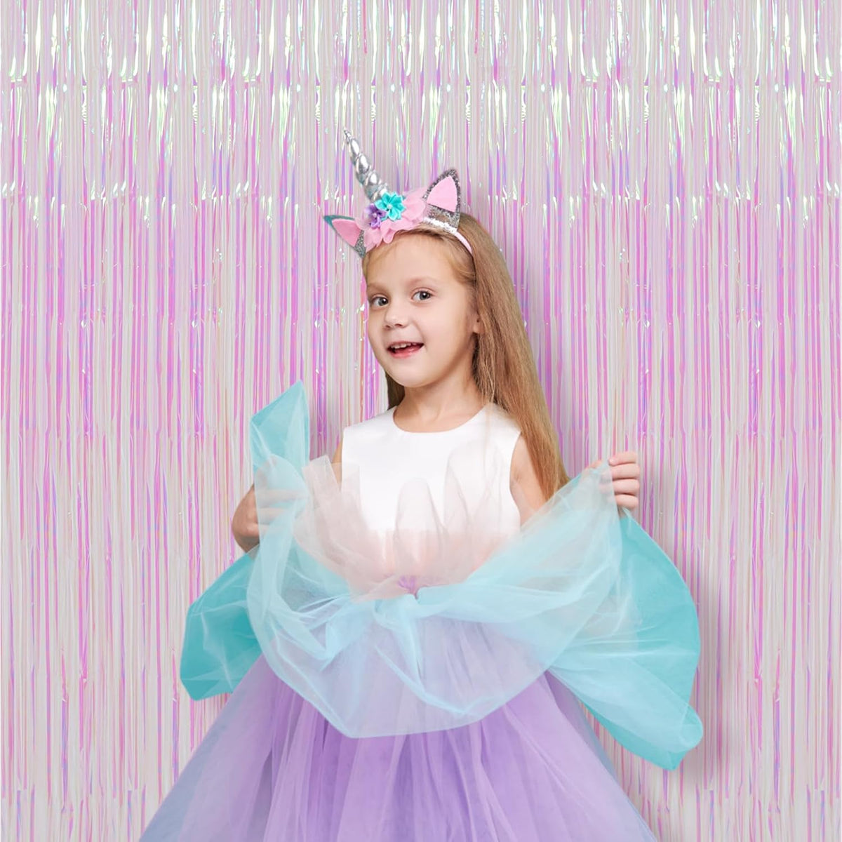 2 Pack Iridescent Transparent Foil Fringe Backdrop Curtains, Tinsel Streamers Birthday Party
