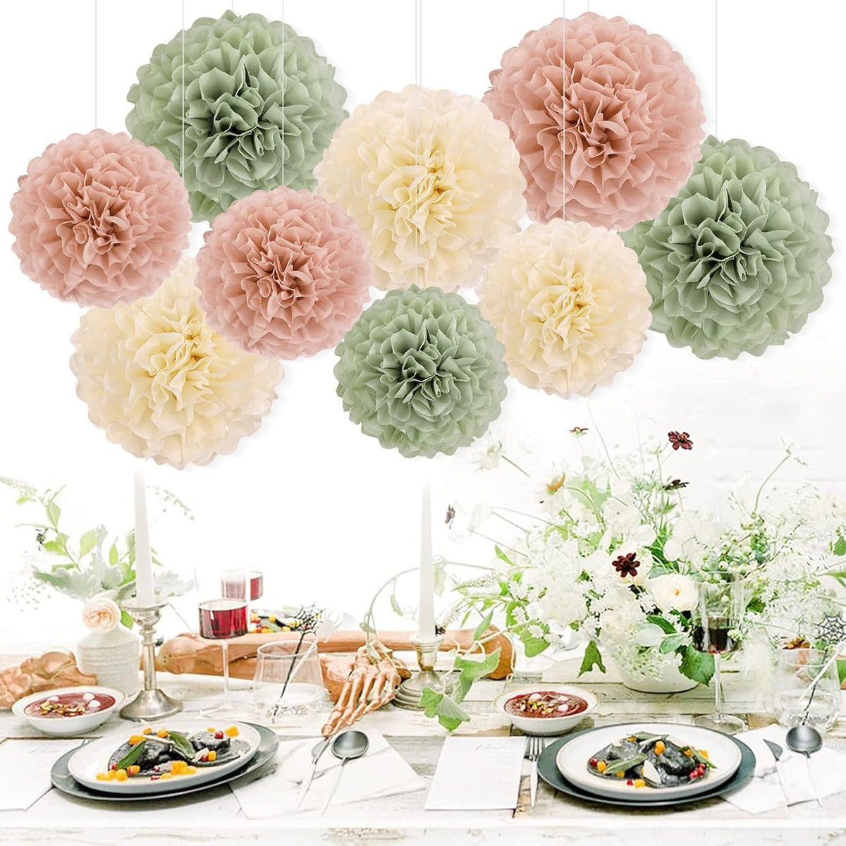 EASY JOY Sage Green Tissue Pom Poms Paper Flowers Decorations Natural Green Boho Hanging Décor for