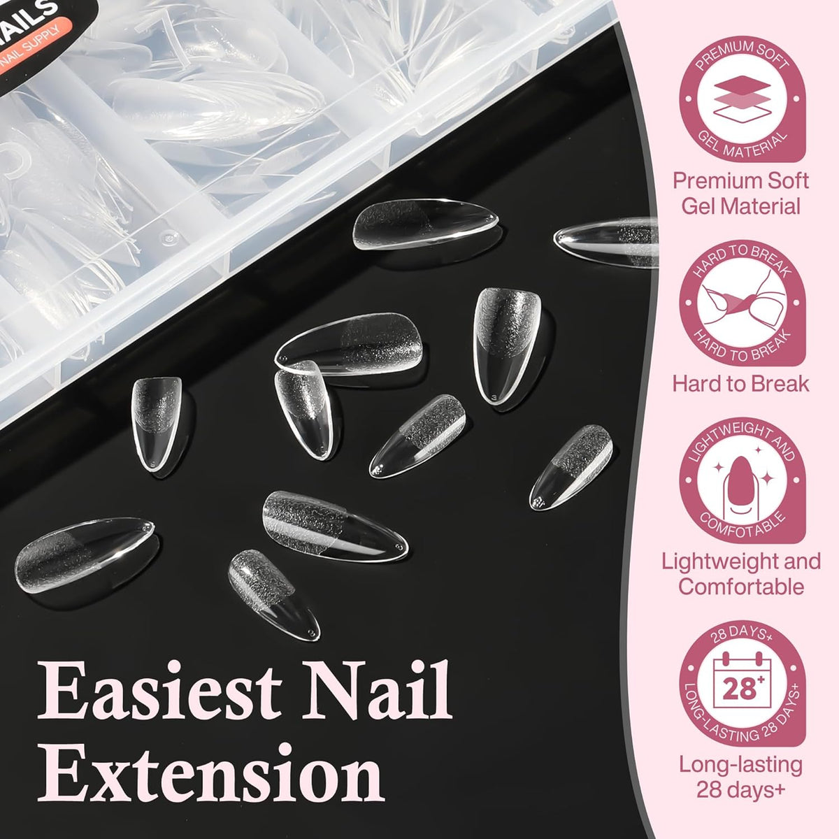 Medium Almond Nail Tips, 360pcs Soft Gel Pre-Shaped Acrylic Fake Nails, Half Matte Full Cover Clear