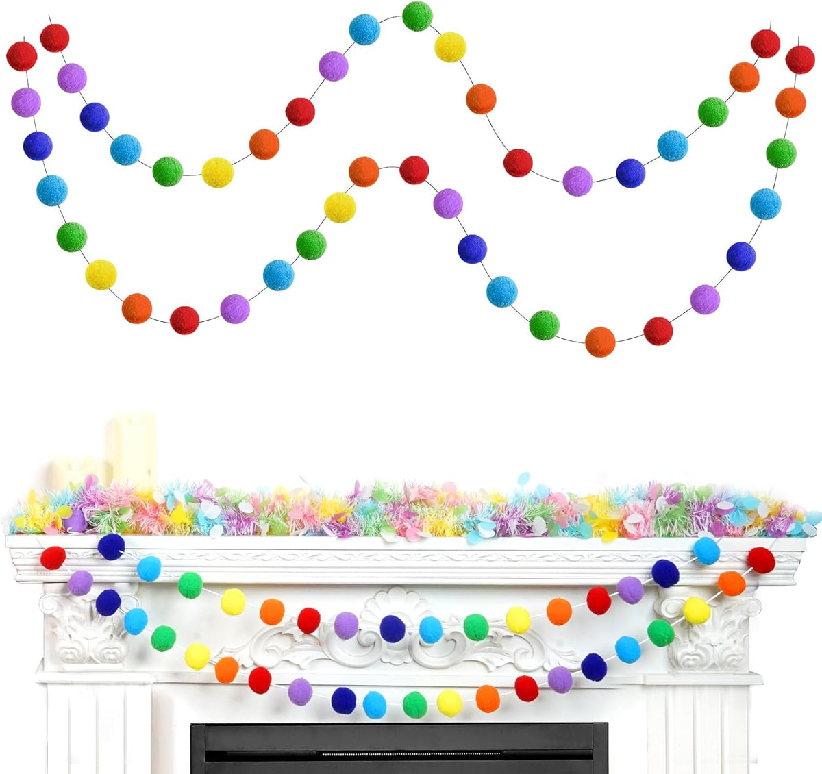 TBD Decor 2pk Rainbow Color Pom Pom Garland 13FT Colorful Large Felt Ball Garland for Mantle,Indoor