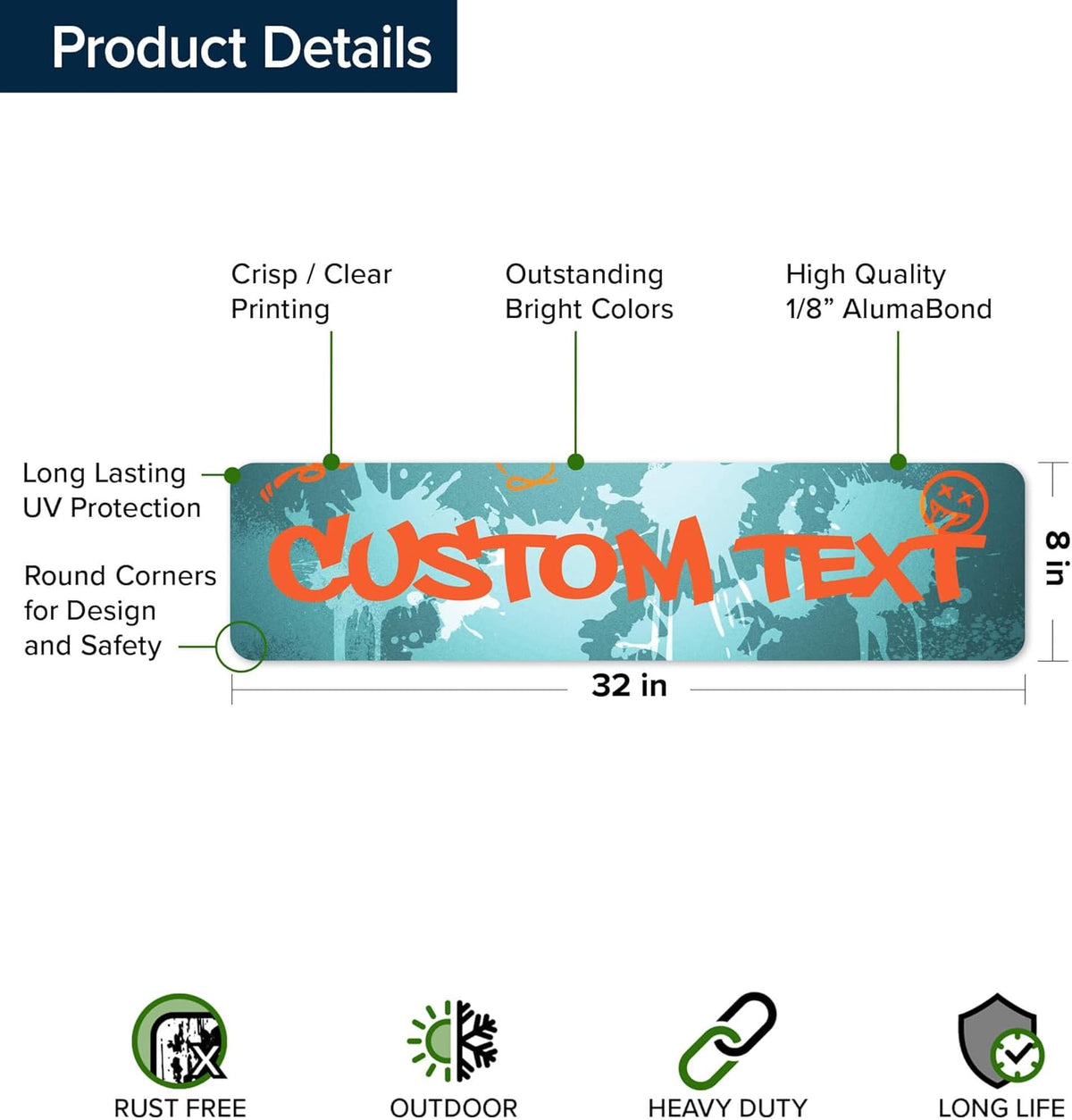 Custom Sign, Custom Street Sign, 11 Font Colors, 13 Font Styles, 4 Hole Options, 22 Sizes, 8x32