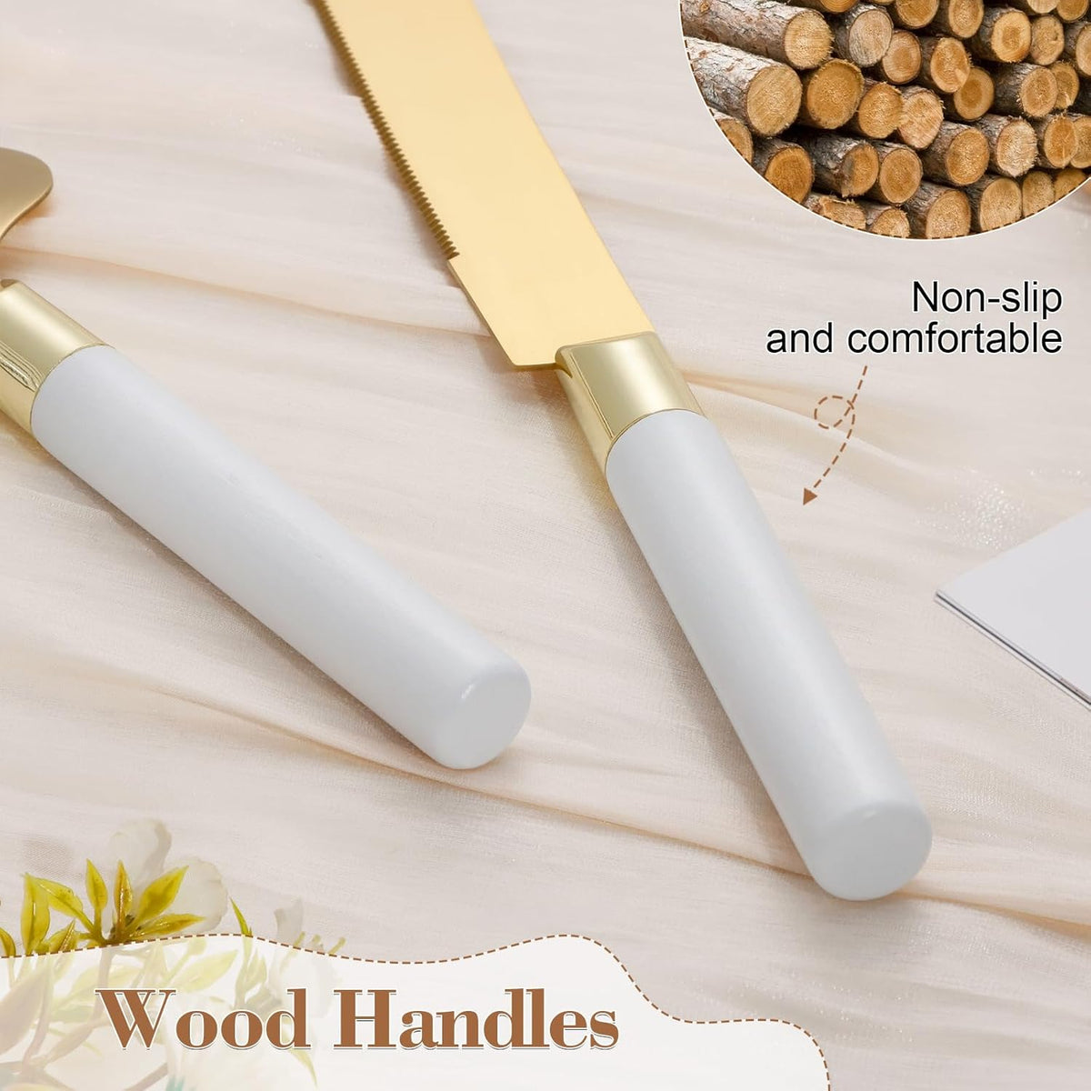 Gold Cake Cutting Set for Wedding, Wood Cake Knife & Server Set, Vintage 2-Piece Pie Cutter Serving