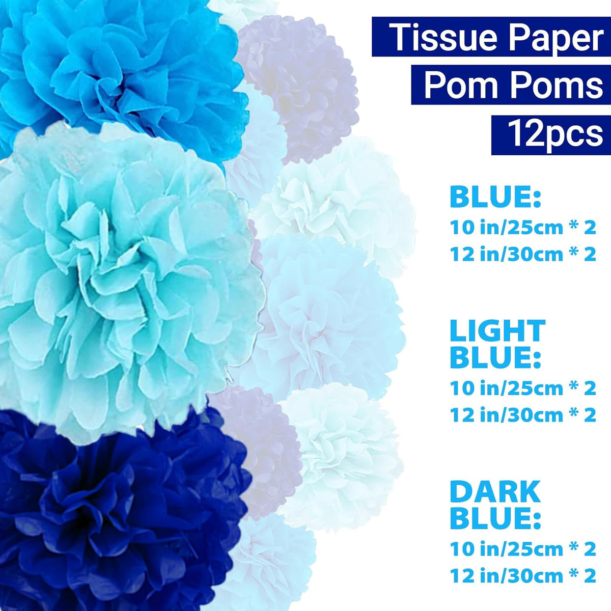 Capesaro Blue Paper Pom Poms - 10",12" Tissue Pom Poms Decorations for Baby Shower Boy Party