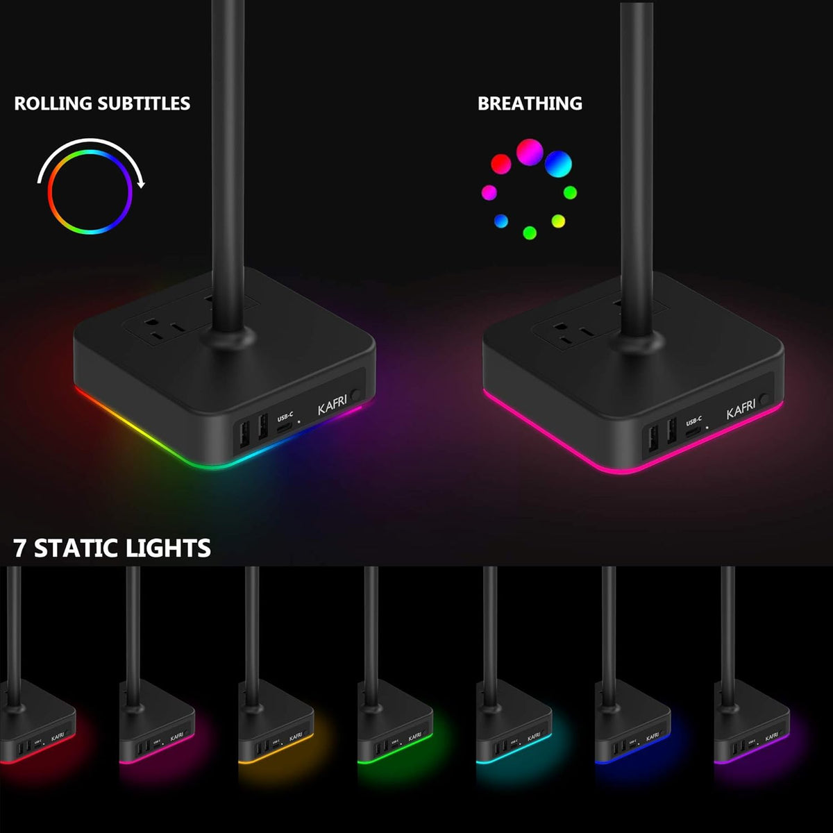 KAFRI RGB Headphone Stand with USB A&C Charger Desk Gaming Headset Holder Hanger Rack with 3 USB