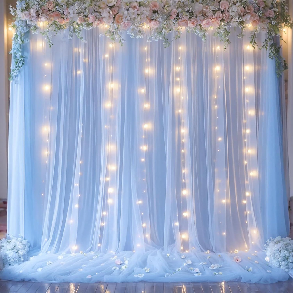 Blue Tulle Backdrop Curtains with Lights String for Parites Baby Shower 30×8ft Blue Sheer Backdrop