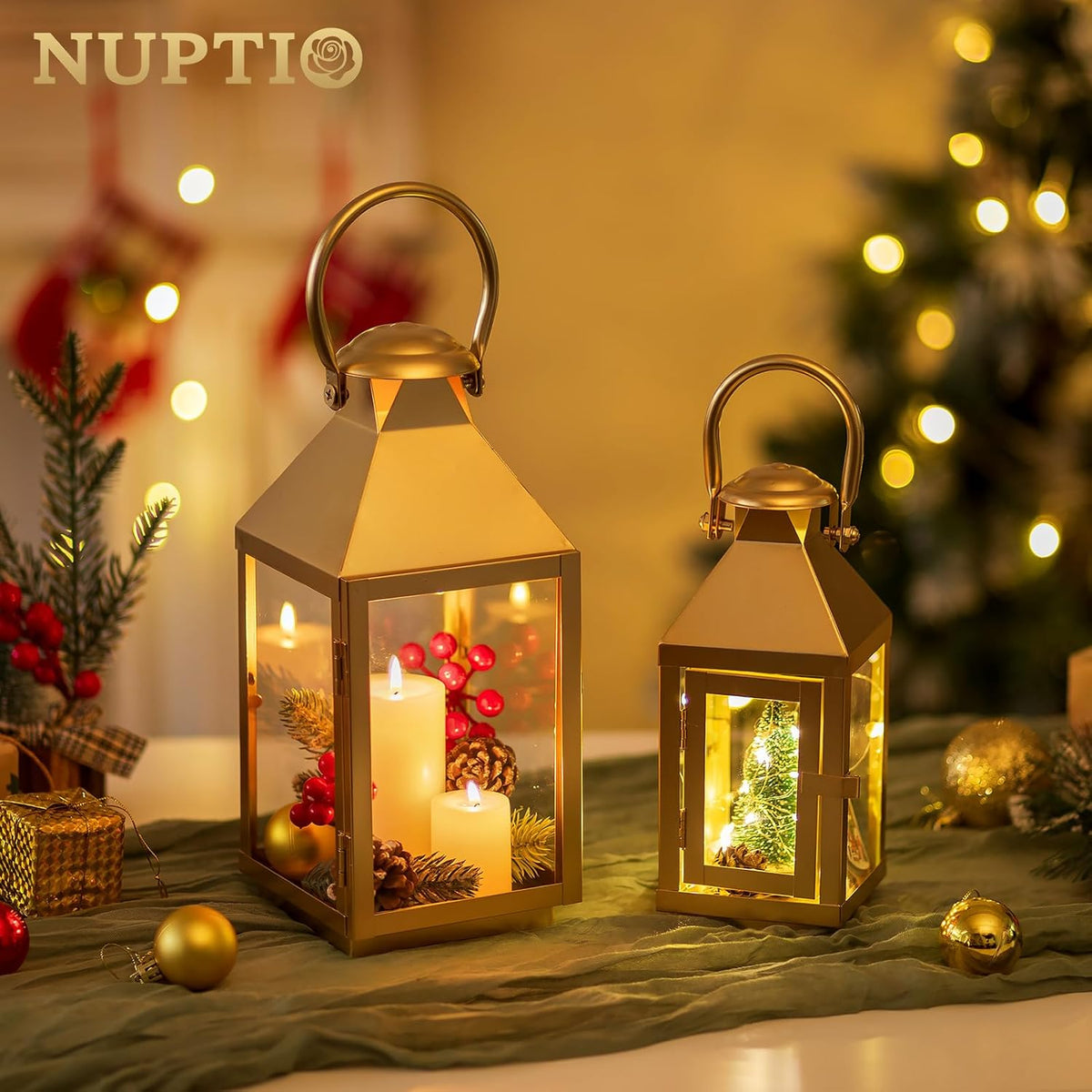 NUPTIO Gold Lanterns Decorative for Wedding: 11.2 Inch Tall Metal Lantern Decor with Glass