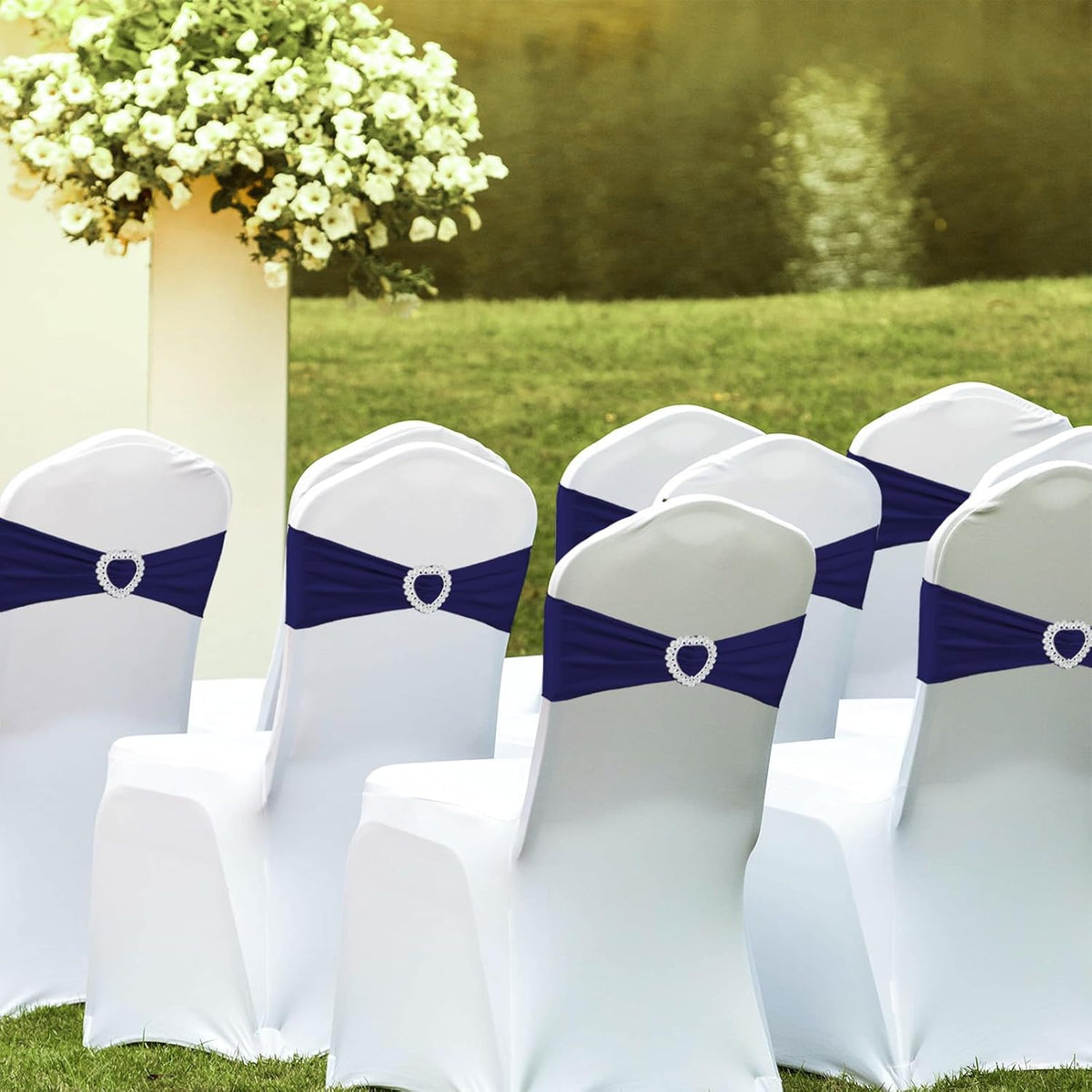 100PCS Spandex Stretch Navy Blue Chair Sashes Bows Universal Elastic Chair Cover Bands Ties with