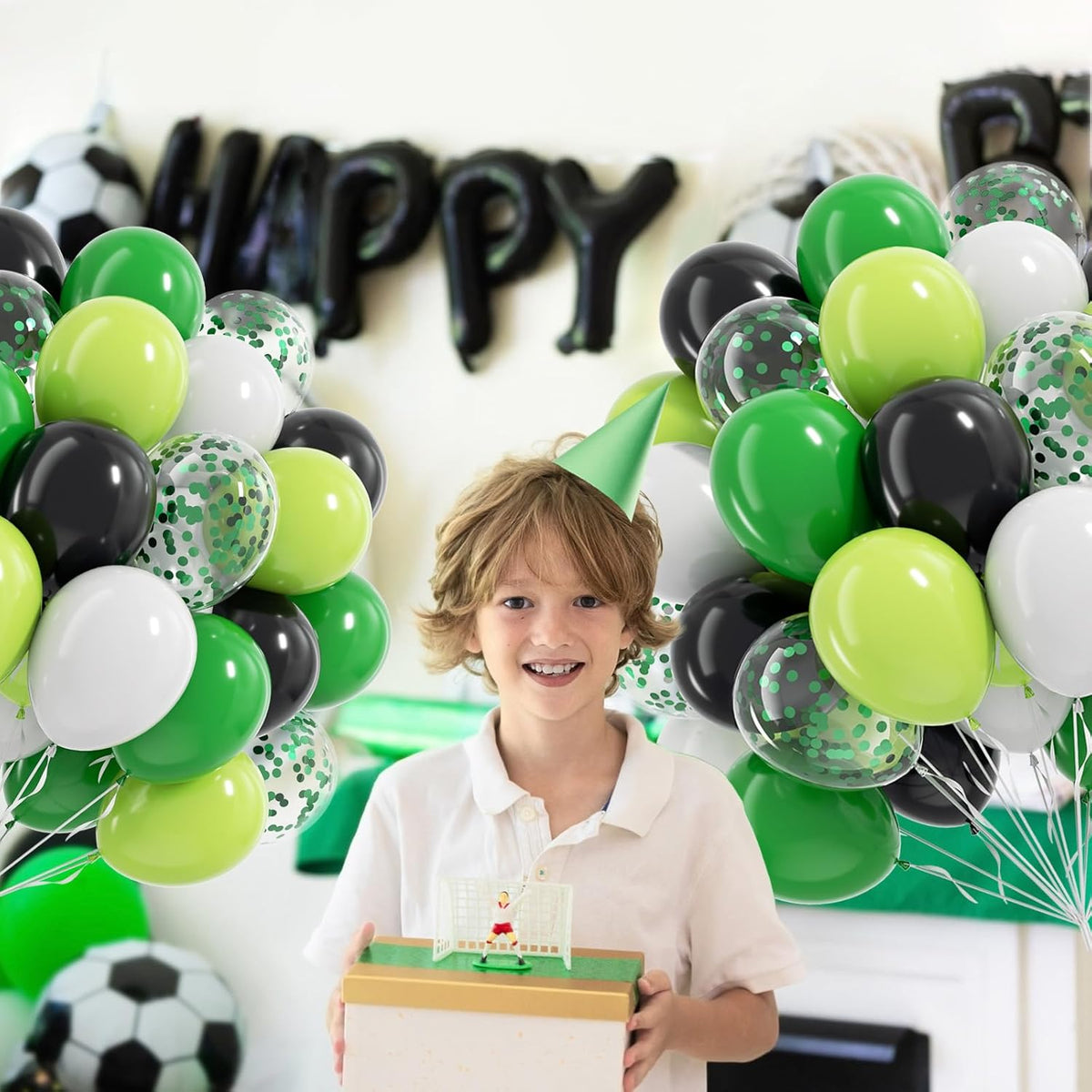 60pcs 12inch Green and Black Balloons, Black White Lime Green Confetti Balloons for Football Theme