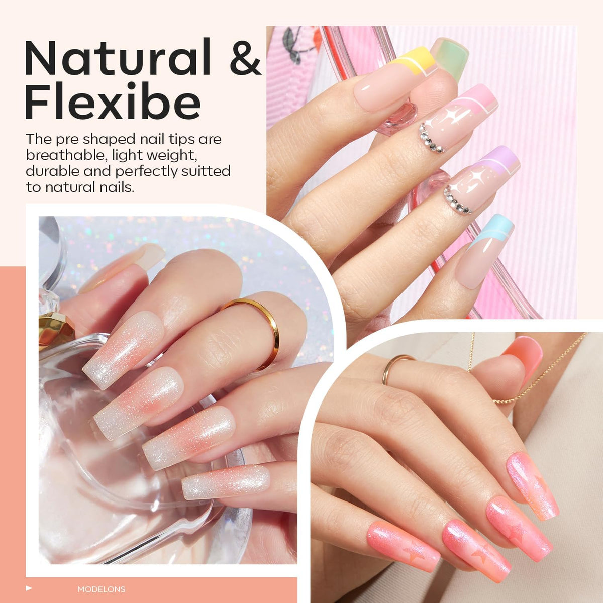 modelones Medium Square Gel Nail Tips Kit, 9-in-One Nail Glue with Portable U V Lamp 216Pcs 12Sizes
