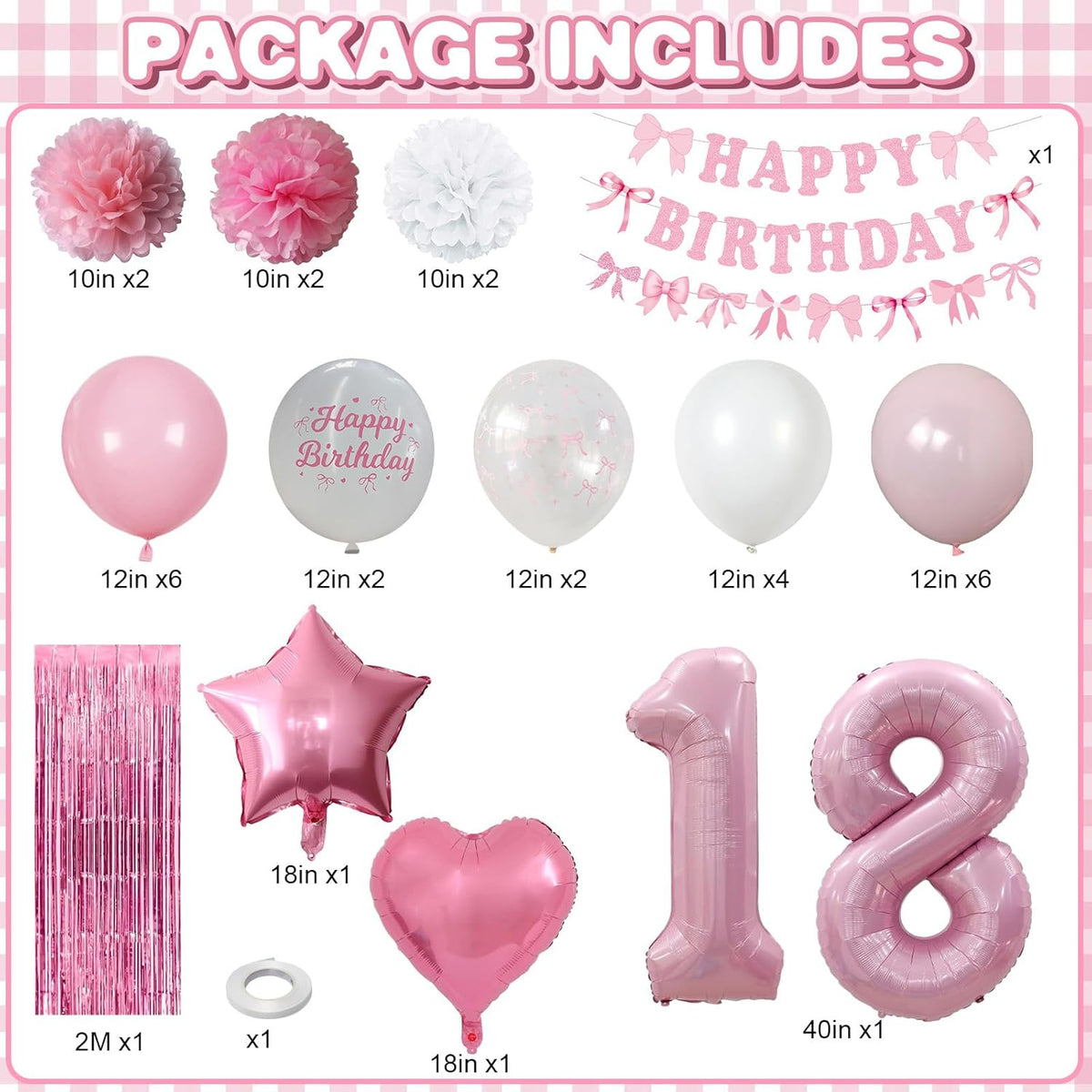 18th Birthday Decorations for Girls Pink Number 18 Balloon Bow Coquette Happy Birthday Banner