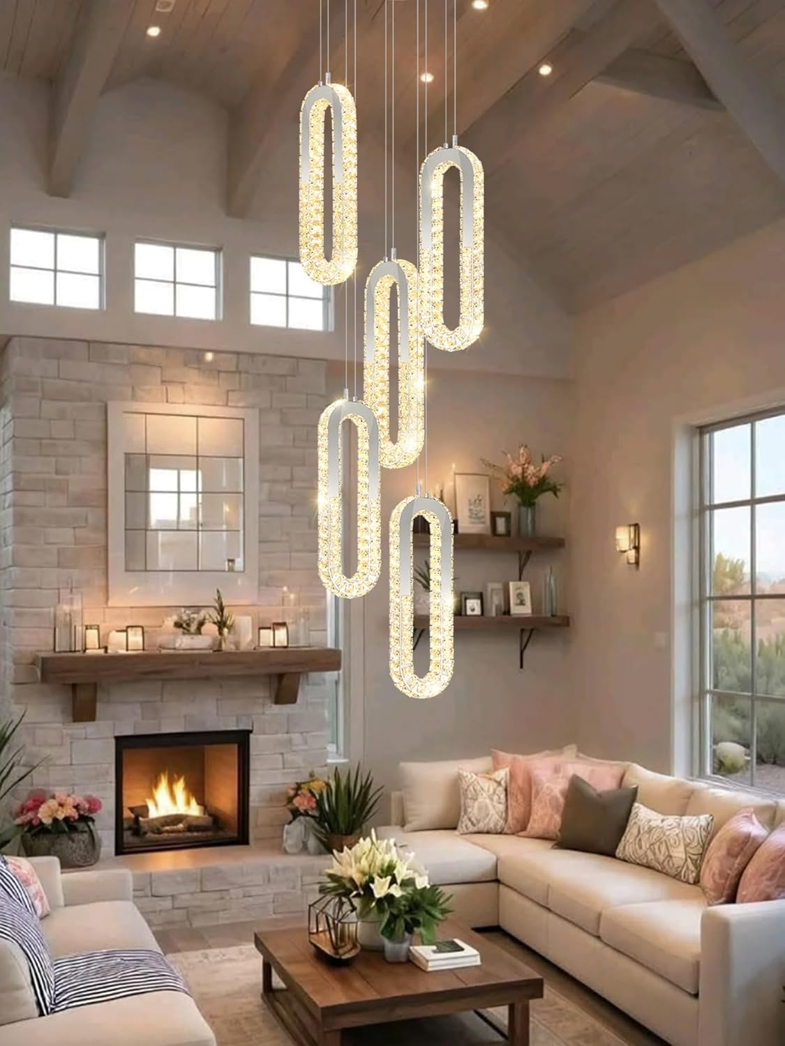 5 Rings Crystal Chandeliers for Staircase Large Pendants Light Fixture Silver High Ceiling
