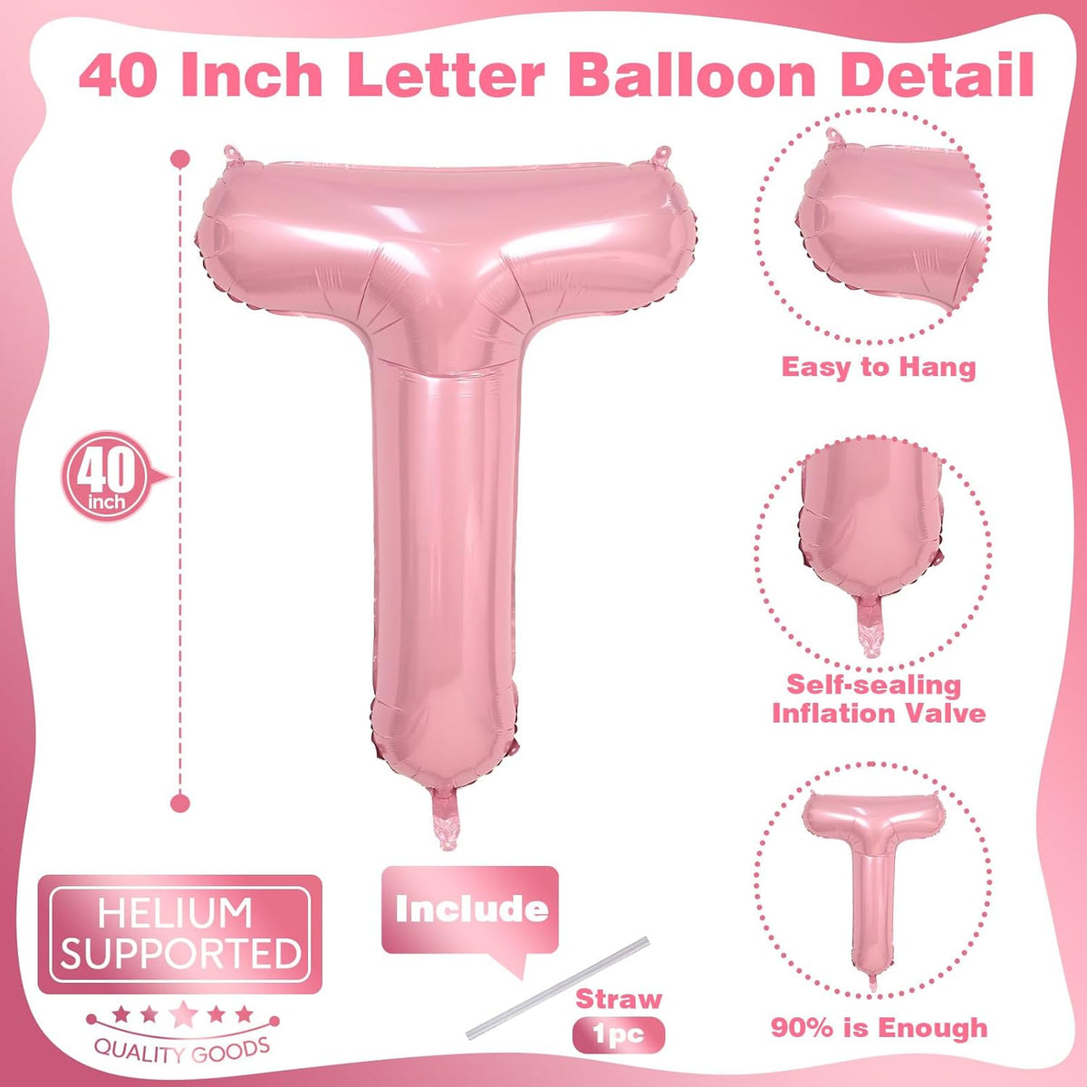 Custom Balloon Letter T - Large Mylar Helium Alphabet T - Pastel Pink Decor, 40" Inflatable Light