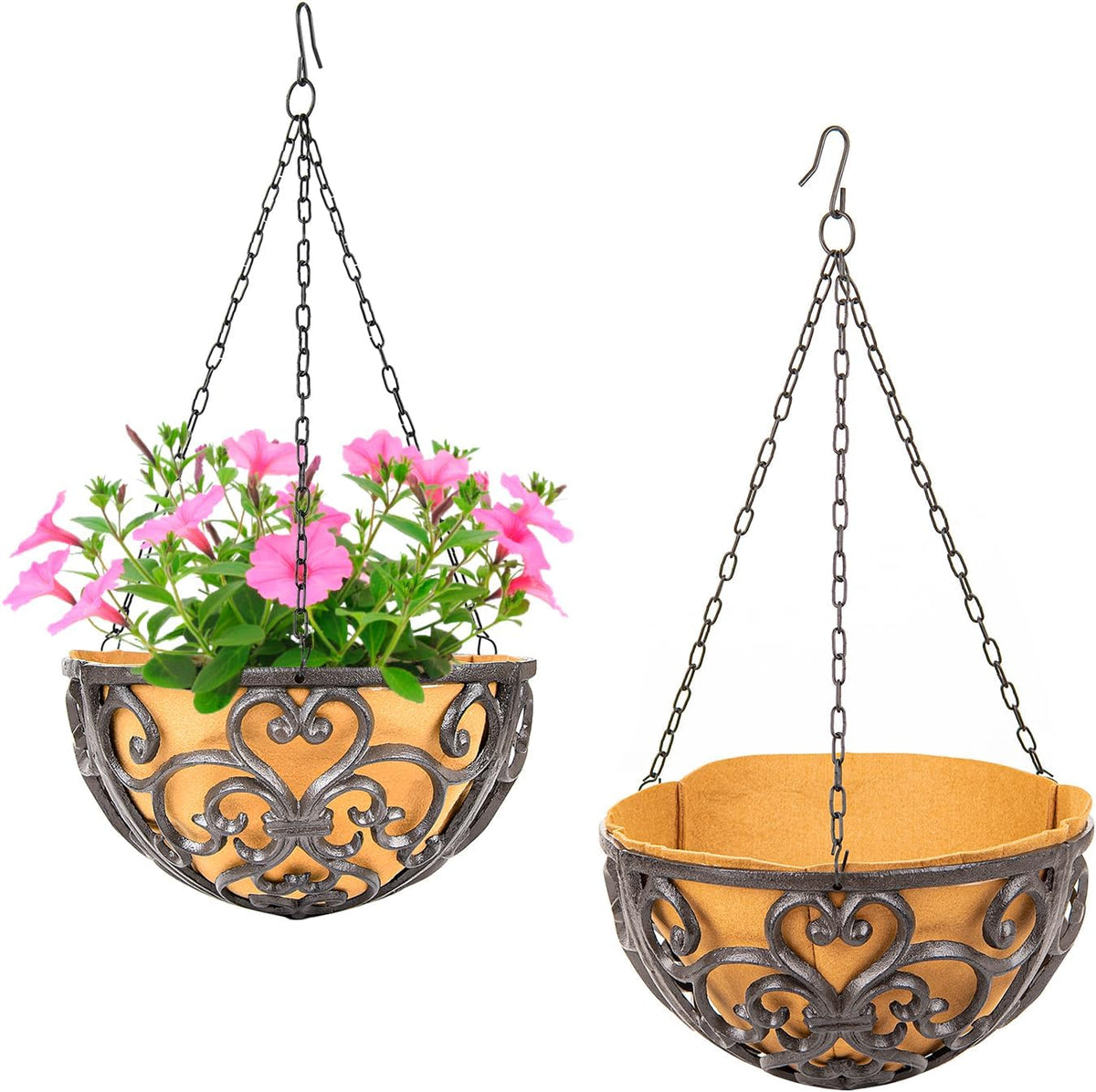 Sungmor 2PC 11" Dia. Large Cast Iron Hanging Baskets w/Fabric Liner, Rustic Brown Heavy-Duty