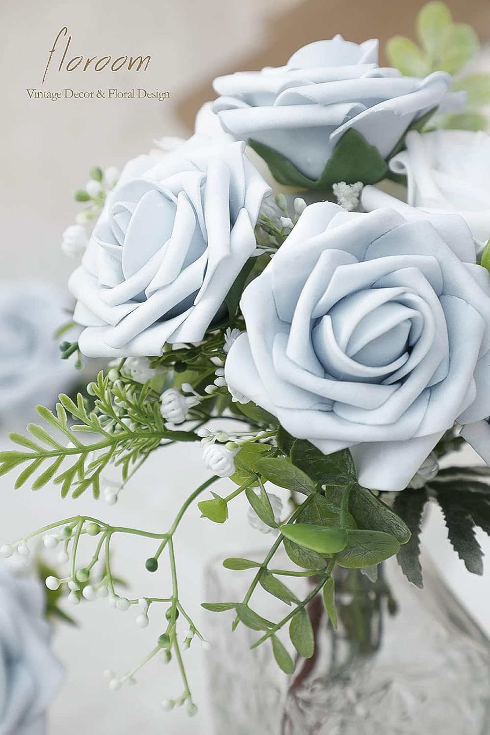 Floroom Artificial Flowers 50pcs Real Looking Powder Blue Foam Fake Roses with Stems for DIY