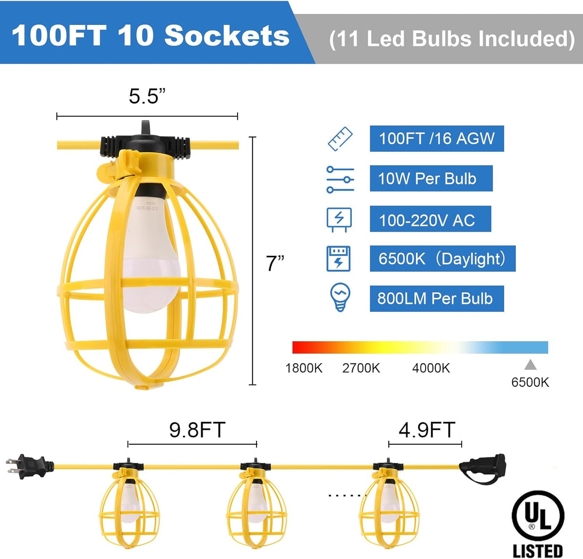 100FT Construction String Lights with Outdoor Extension Cord Safety Cover, 100W 11 Bulbs Work