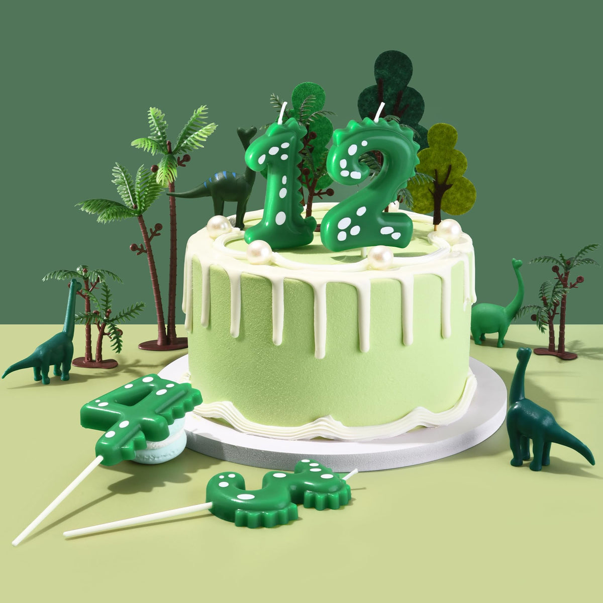 PHD CAKE 2.76 Inch Green Dinosaur 3 Number Birthday Candles, Dinosaur Number Candles, Cake Number