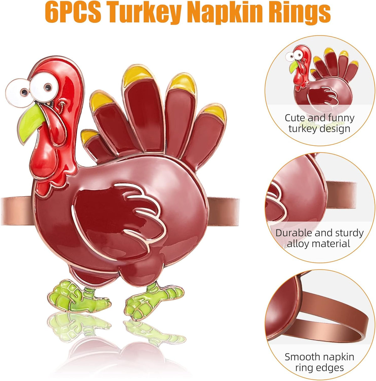 Halatool Thanksgiving Colorful Turkey Napkin Rings Set of 6, Funny Metal Festival Napkin Holders