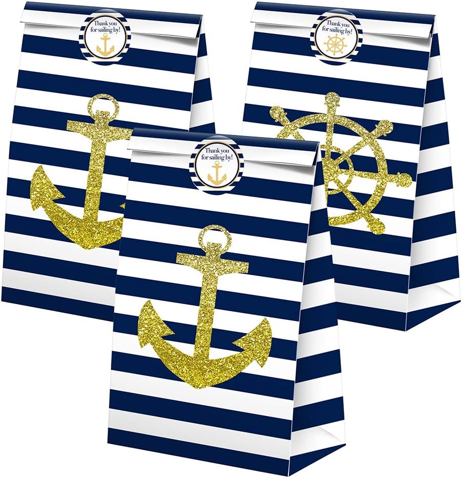 SamPartyShop Nautical Goodie Bags - 24 Pcs Nautical Party Favors Candy Bags with Stickers, Nautical