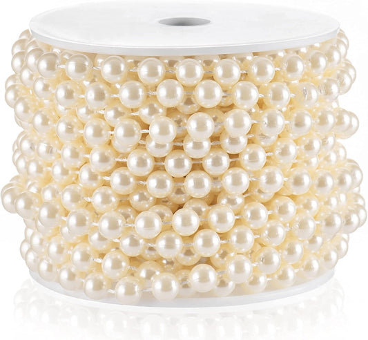 Craft String Pearls 8MM Pearl Bead, 33 Feet Ivory Faux Pearl Garland Spool Roll Strand Wedding