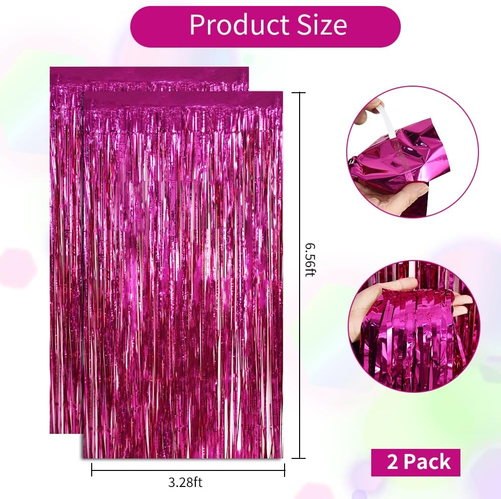 BEISHIDA 2 Pcs Hot Pink Backdrop Pink Door Streamers Tinsel Curtains Streamers Party Decoration