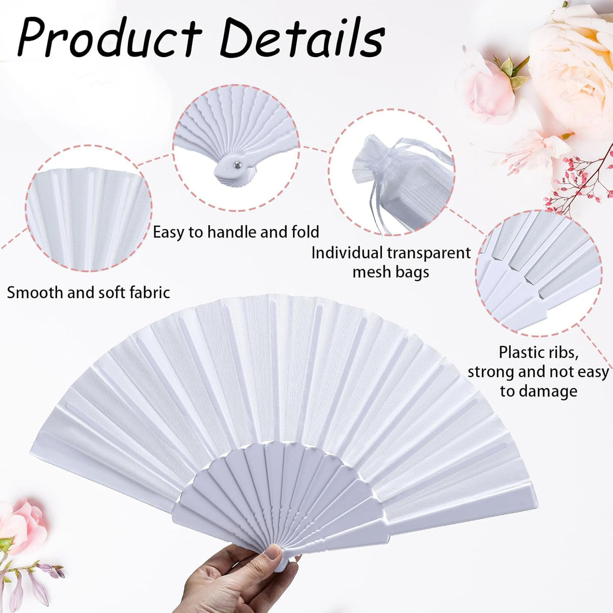Wenqik 80 Pcs Wedding Folding Hand Fans Bulk Silk Fabric Chinese Handheld Foldable Clack Fans with