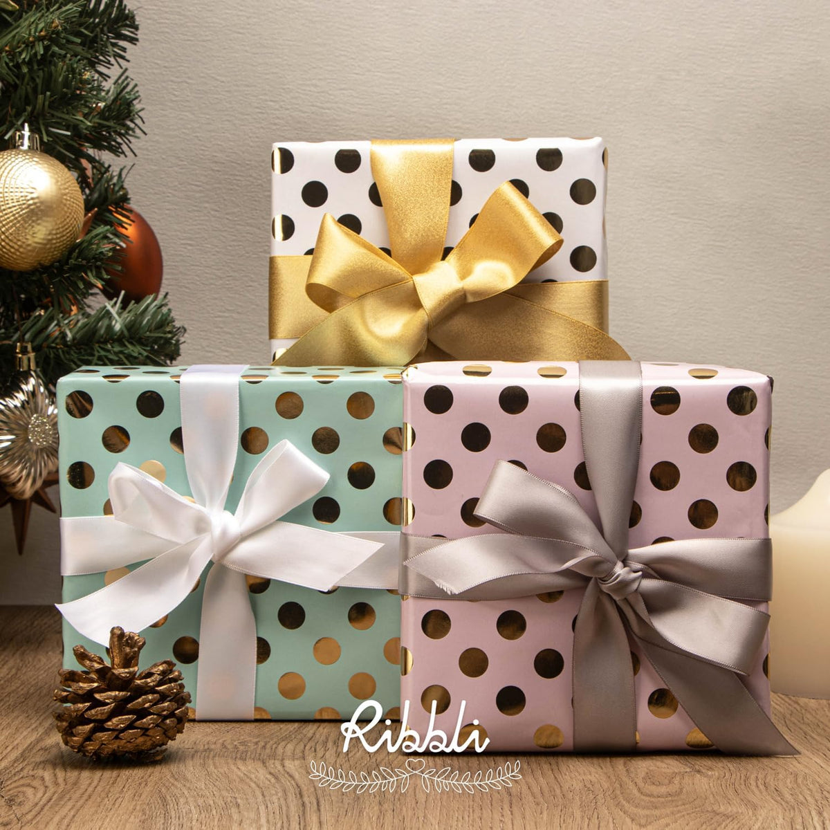 Ribbli Birthday Wrapping Paper Polka Dots Gift Wrap for Baby Shower Roll, 3 Rolls Pink White Blue