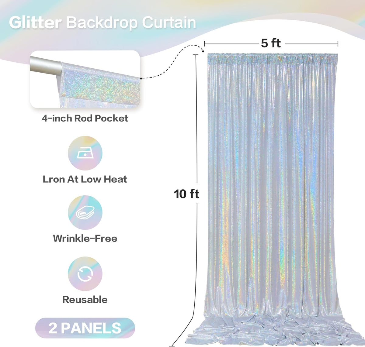gogoparti 10x10FT Laser Silver Sequin Backdrop Curtain - 2 Panels of 5x10FT Wrinkle-Free Glitter