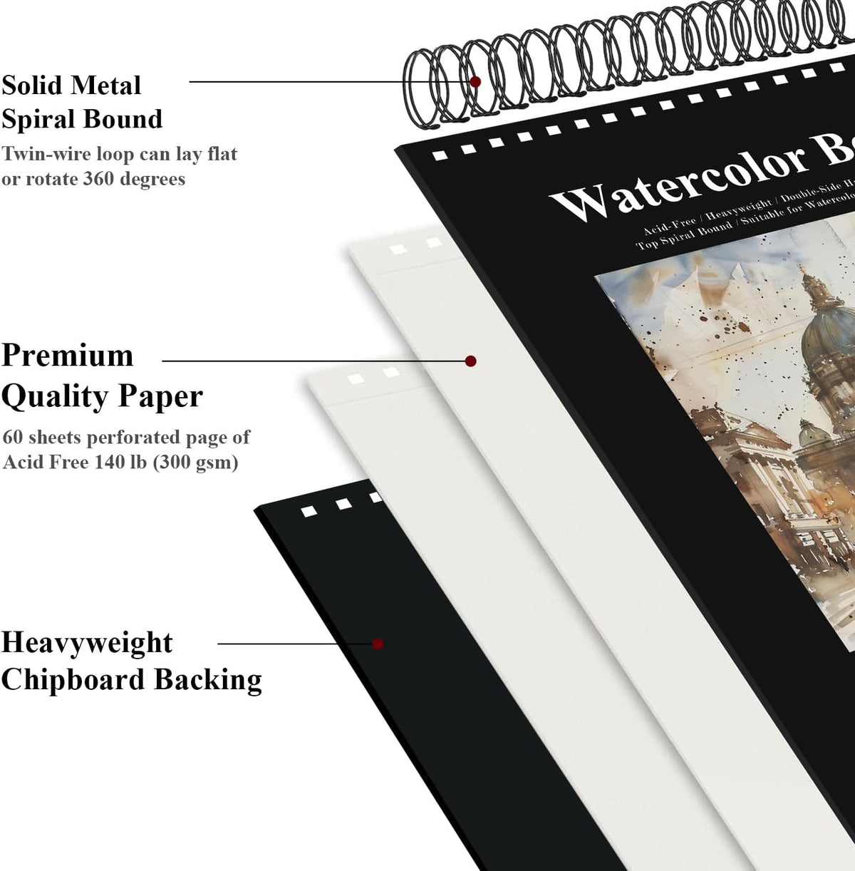 Watercolor Sketchbook 10"x12", 32 Sheets (64 Pages) Water Color Paper, 140lb/300gsm Watercolor