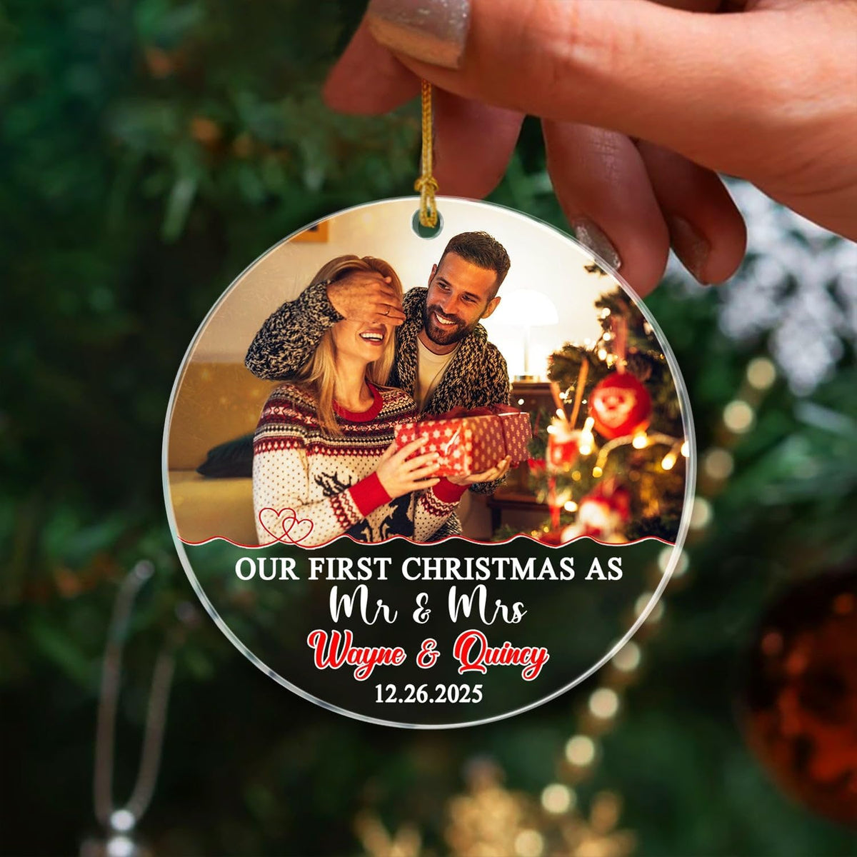 Our First Christmas As Mr & Mrs Ornament 2025, Customized Date Photo Names Mr & Mrs Together
