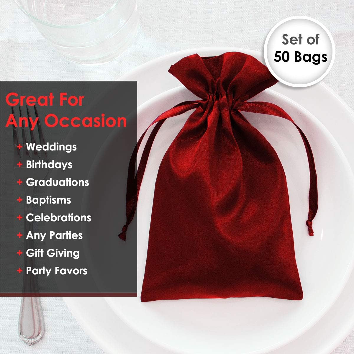 Linen and Bags 6" x 9" Wine Satin Bags, Jewelry Bags, Wedding Favor Drawstring Bags Baby Shower