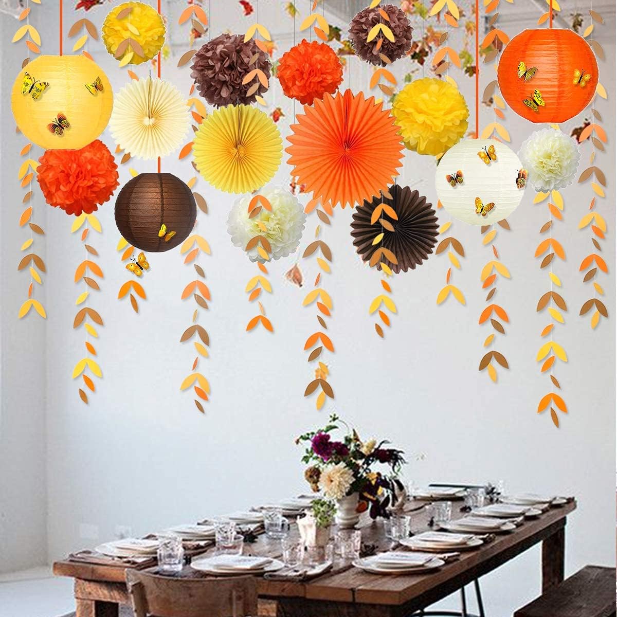 Fall Party Decorations Kit Yellow Orange Brown Paper Hanging Fans Lantern Flowers Pom Pom with 3D