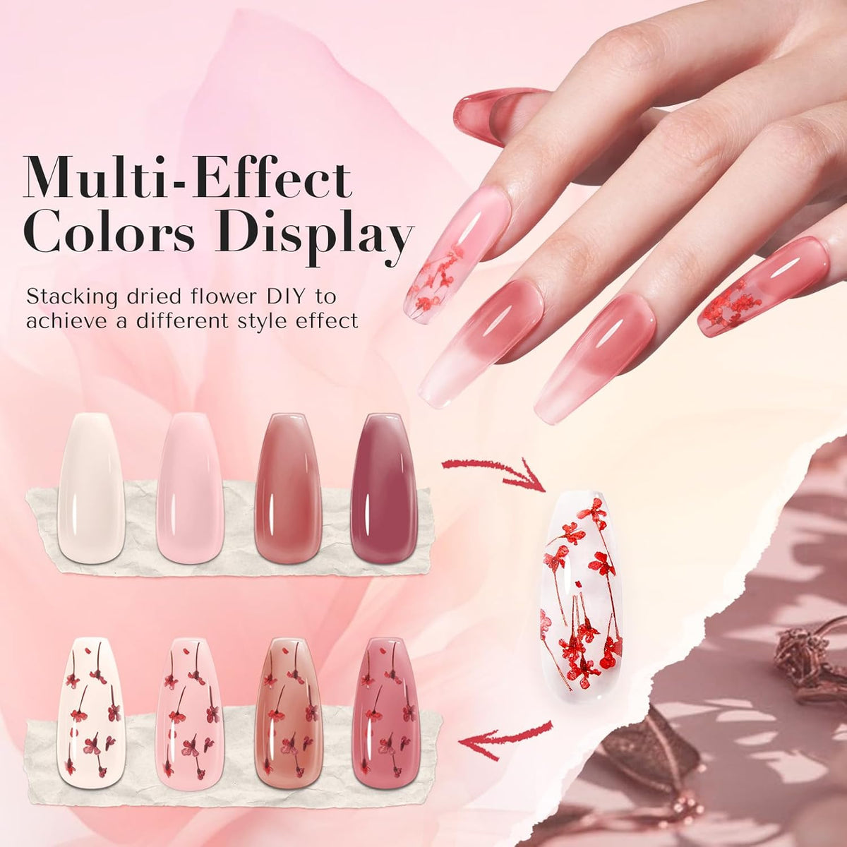 AZUREBEAUTY Dip Powder Nail Kit, 4 Colors Jelly Transparent with Dried Flower Set, Nude Brown