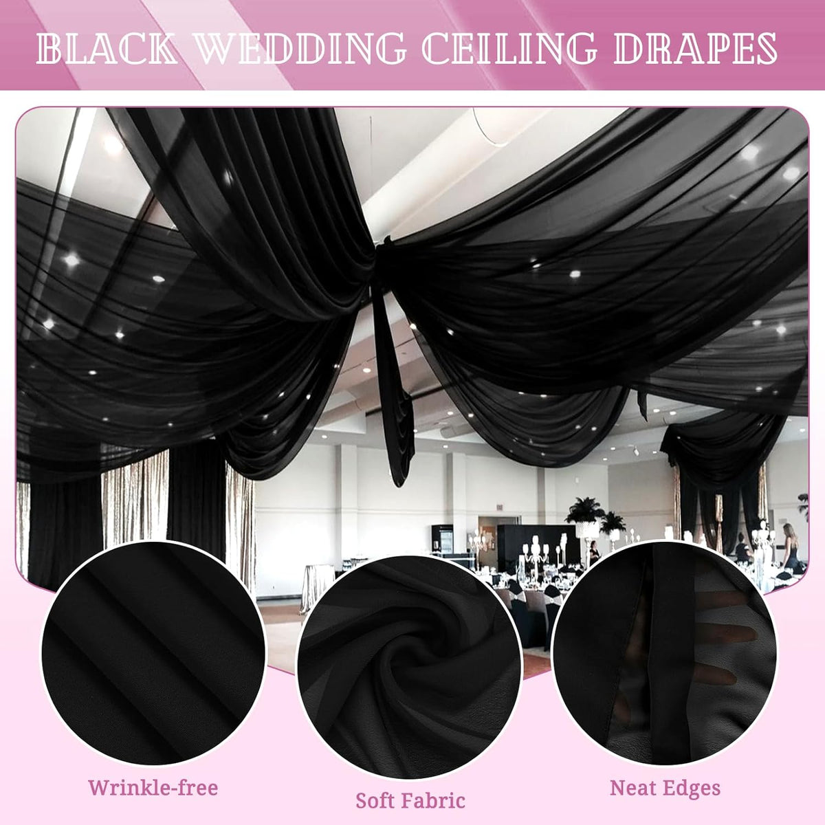 6 Panels Black Ceiling Drapes for Wedding 5ftx40ft Sheer Drapery Chiffon Fabric Arch Draping