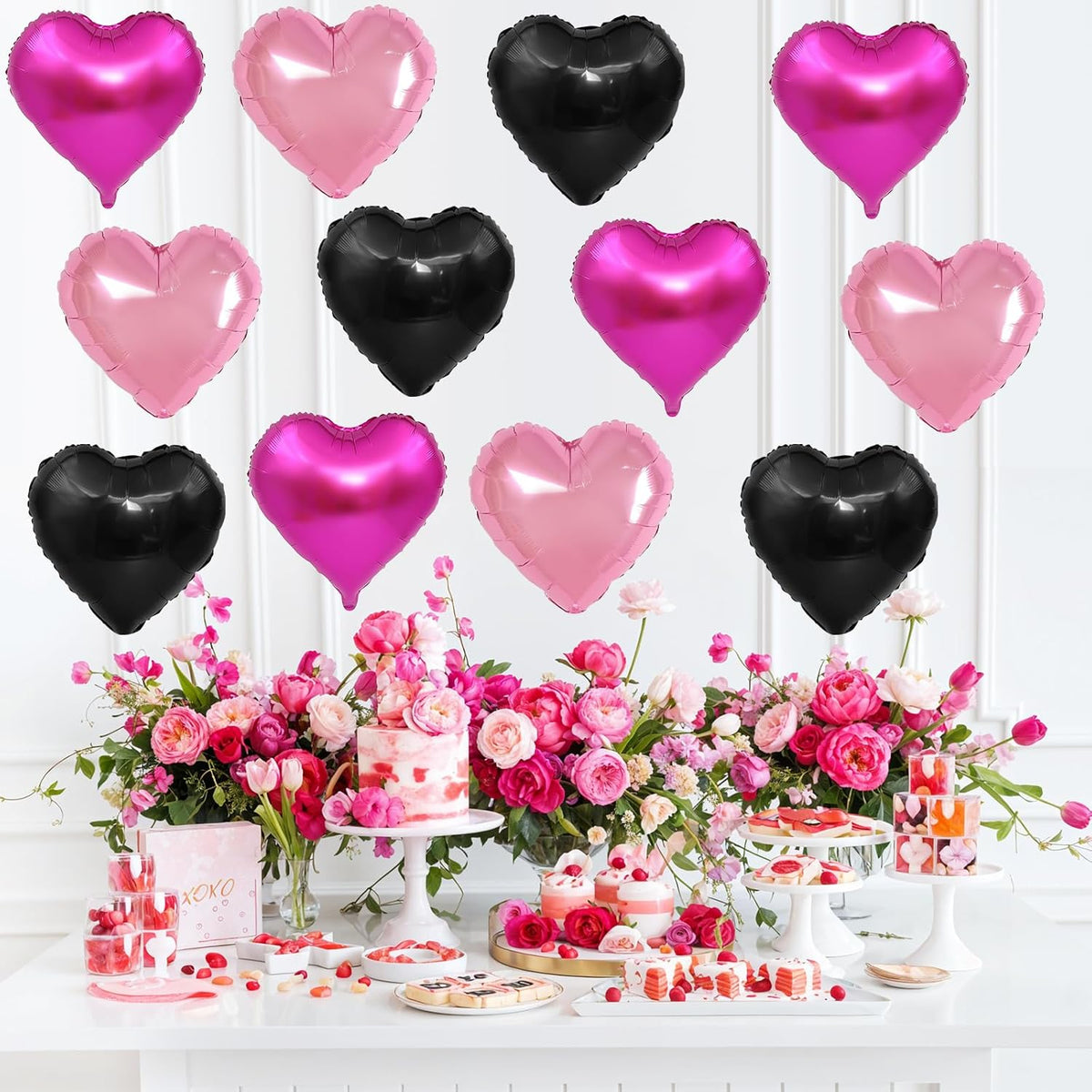 Pink Black Heart Balloons,12Pcs 18Inch Hot Pink Black Heart Shaped Foil Helium Balloons for Baby