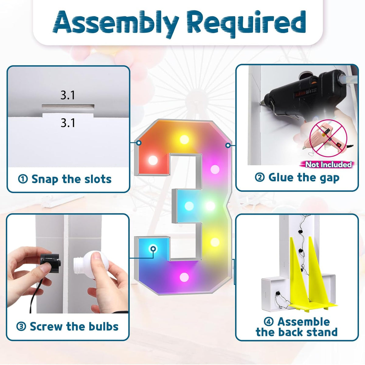 imprsv 3FT Colorful Marquee Numbers,18 Colors Number 3 with Remote, Light Up Numbers Sign for 3rd