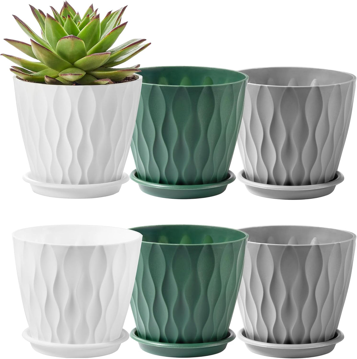FaithLand 6-Pack 6-Inch Plastic Plant Pots with Saucers | Thickened PP Material, Modern Wave