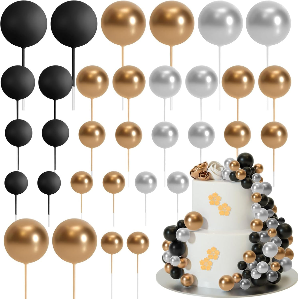 ASTARON 32 Pcs Ball Cake Topper Decorations Mini Balloons Cake Topper Sticks Foam Balls Cake Picks