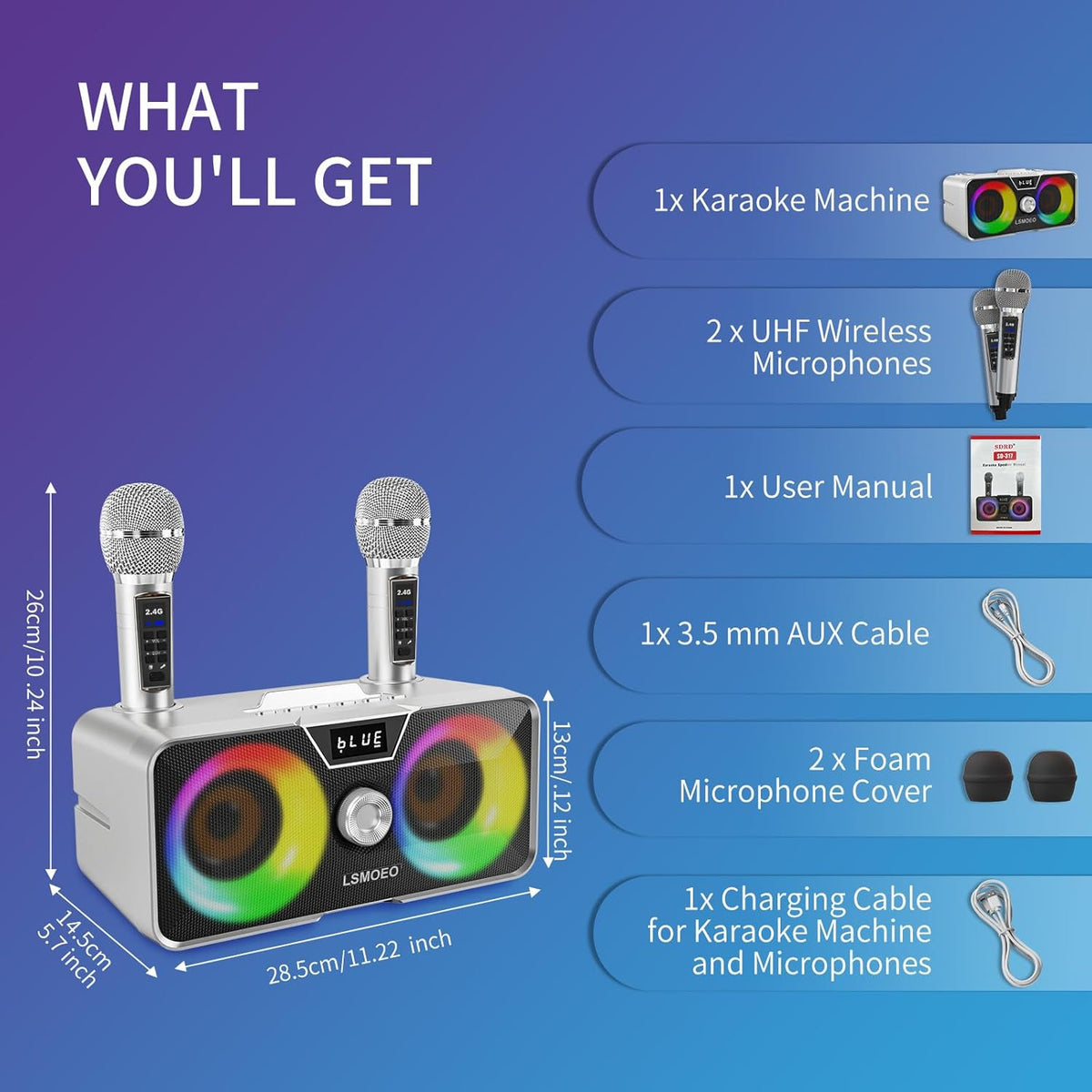 Karaoke Machine for Adults and Kids with 2 UHF Wireless Microphones,Portable Bluetooth Speaker PA