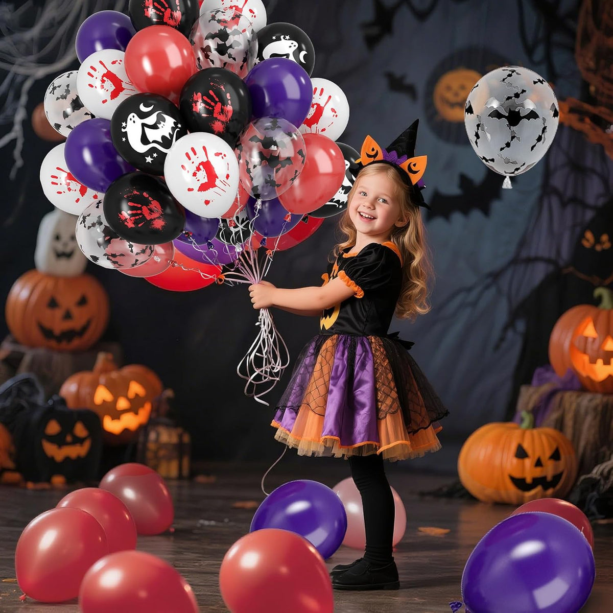 Paready Halloween Balloons, 50pcs Black Purple Red Balloons, Black White Bloody Handprint Balloon
