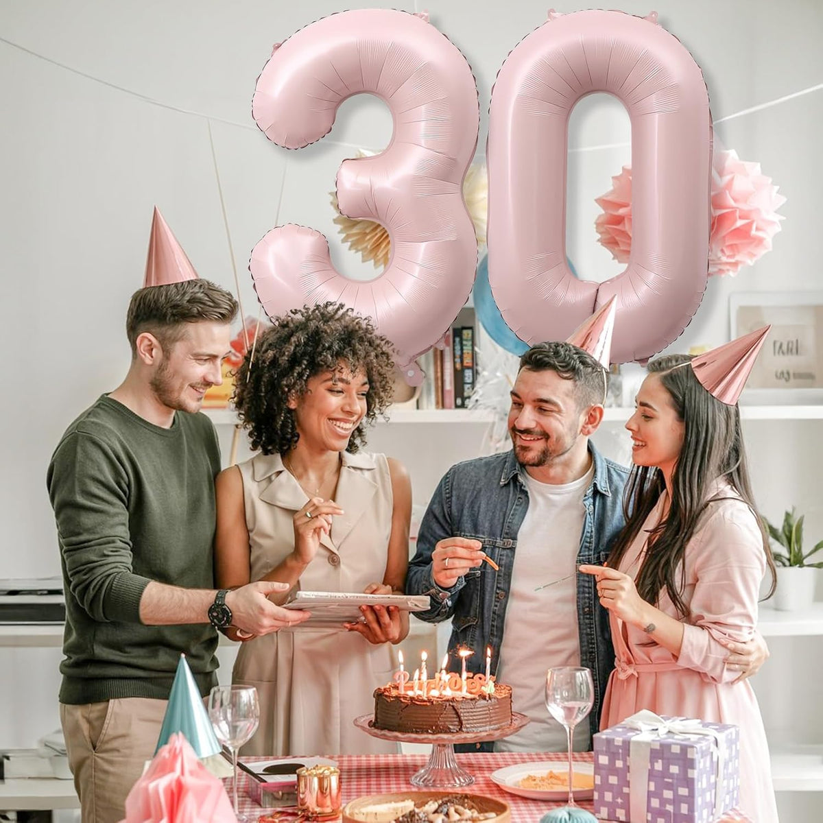 Light Pink 30th Birthday Balloon for Women, 40 Inch Self Inflating Mylar Number 30 Balloons, Big
