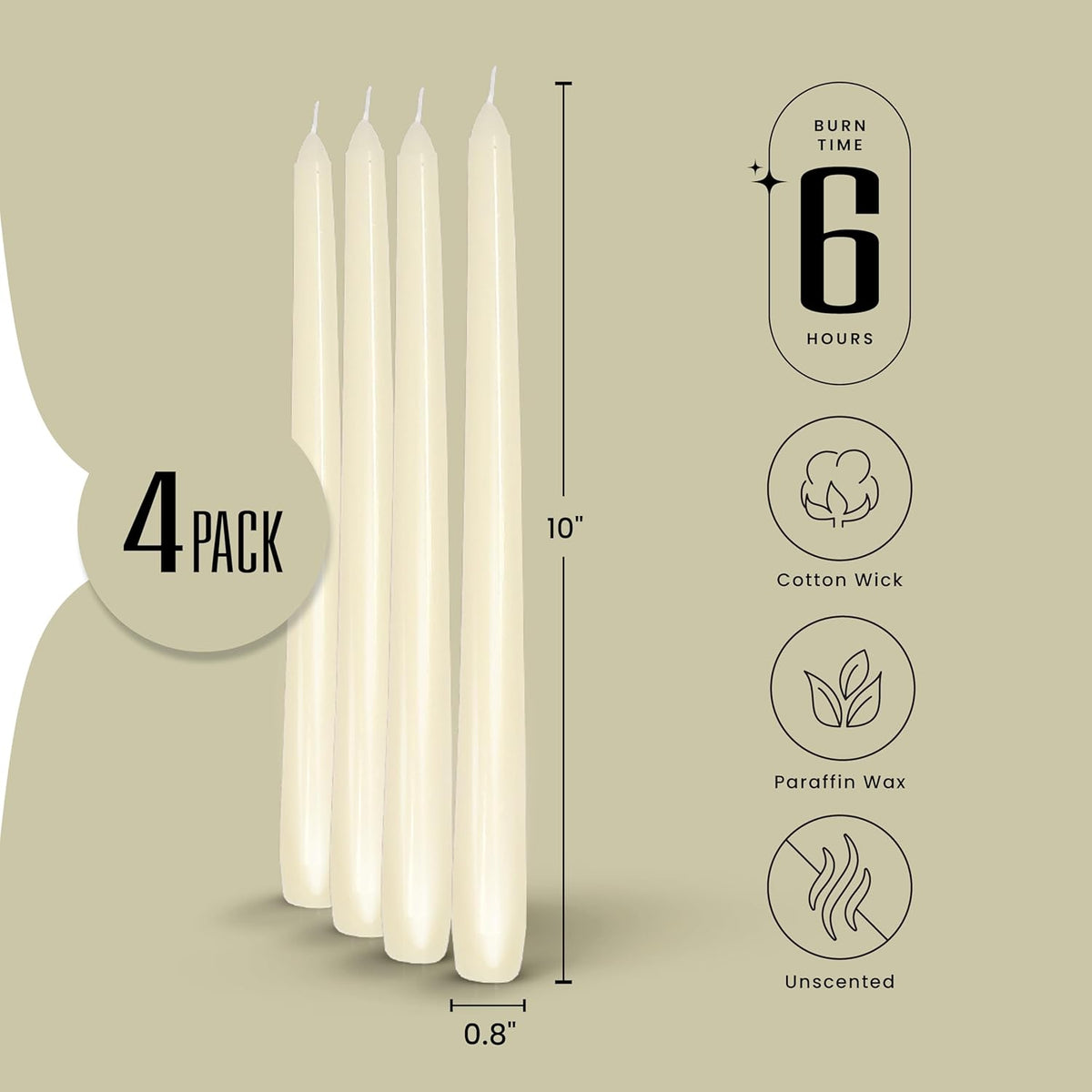 Leor & Lair Ivory Taper Candles - 4 Pack 10" Ivory Candlesticks - Unscented Cream Candle Sticks for