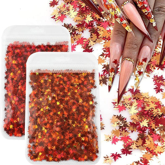 Maple Leaf Shape Glitter Fall Nail Art Sequins,3D Metallic Red God Orange Yellow Mixed Design